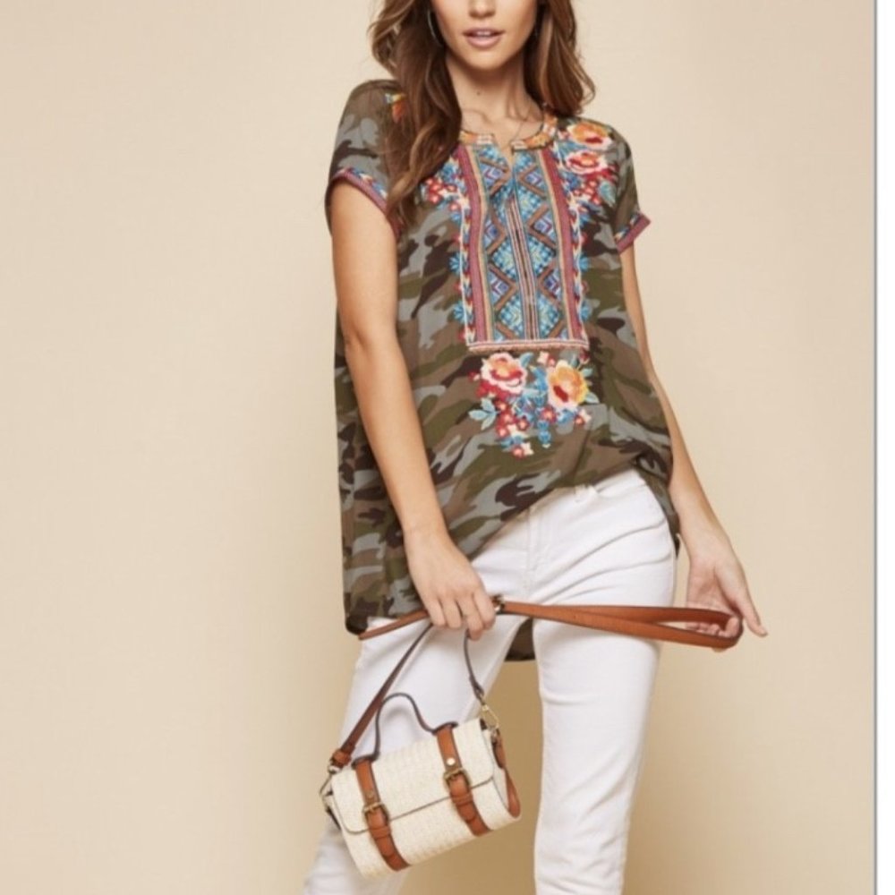 Camo Embroidered Blouse - Plus Size